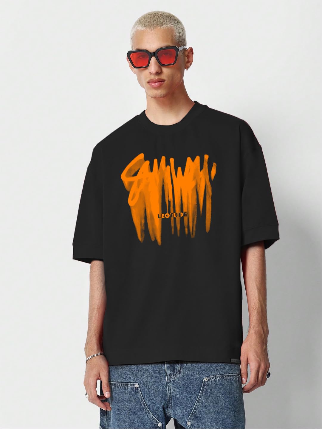 LEOTUDE Half Sleeve Oversized Cottonblend Round Neck Printed Men's T-Shirt (Color Black)