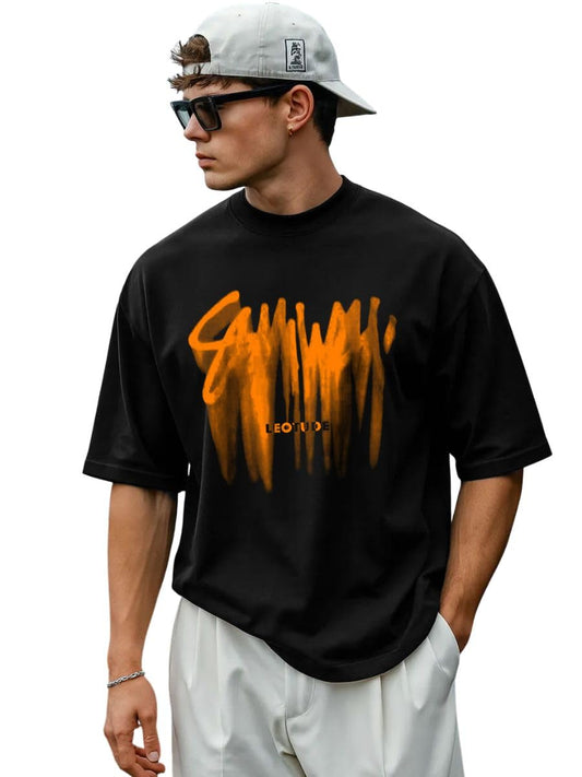LEOTUDE Half Sleeve Oversized Cottonblend Round Neck Printed Men's T-Shirt (Color Black)